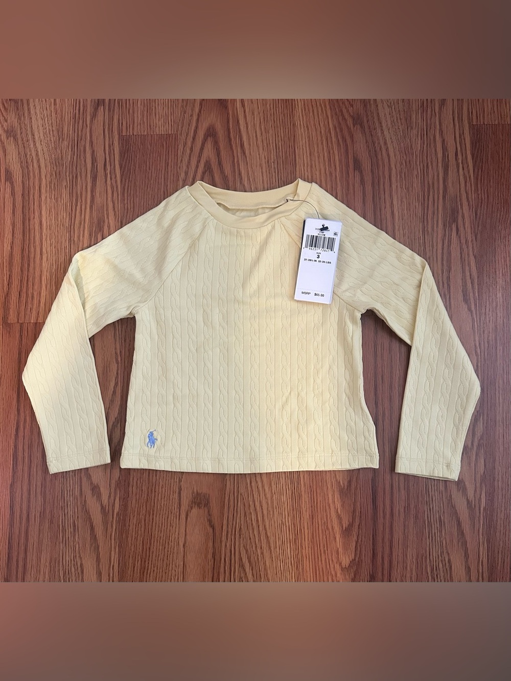 Polo Ralph Lauren Girls Mini Cable Jacquard Rash Guard Swim Long Sleeve, Size 3